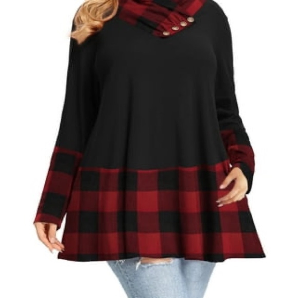 Plaid Long Sleeve Top - Black and Red